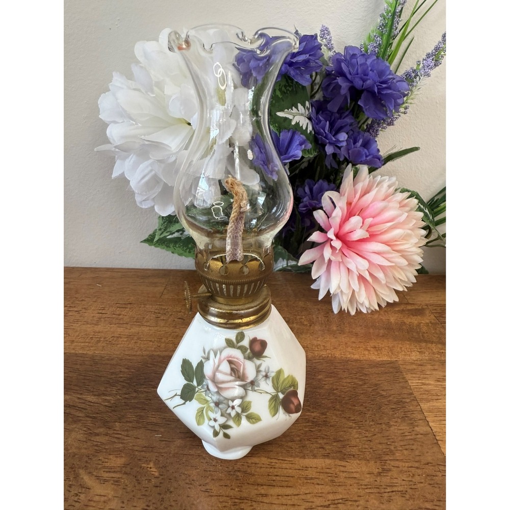 Vintage Milk Glass Miniature Oil Lamp Hurricane Roses Floral Transfer Print